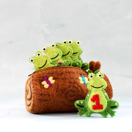 5 Little Speckled Frogs with Log Bag Finger Puppet Set